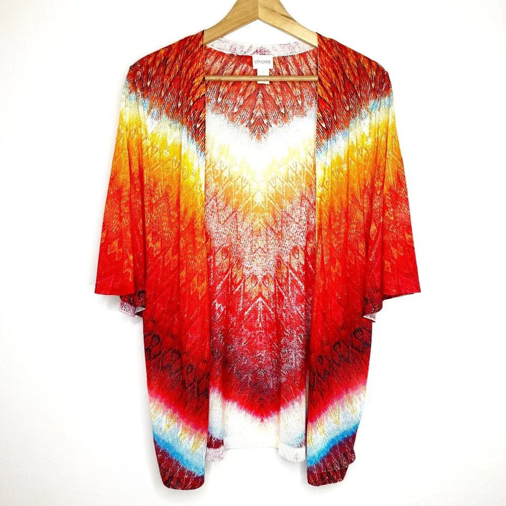 Chico's Sheer Open Cardigan Red Orange Blue Ombre Pattern Boho Flowy Top Size 1